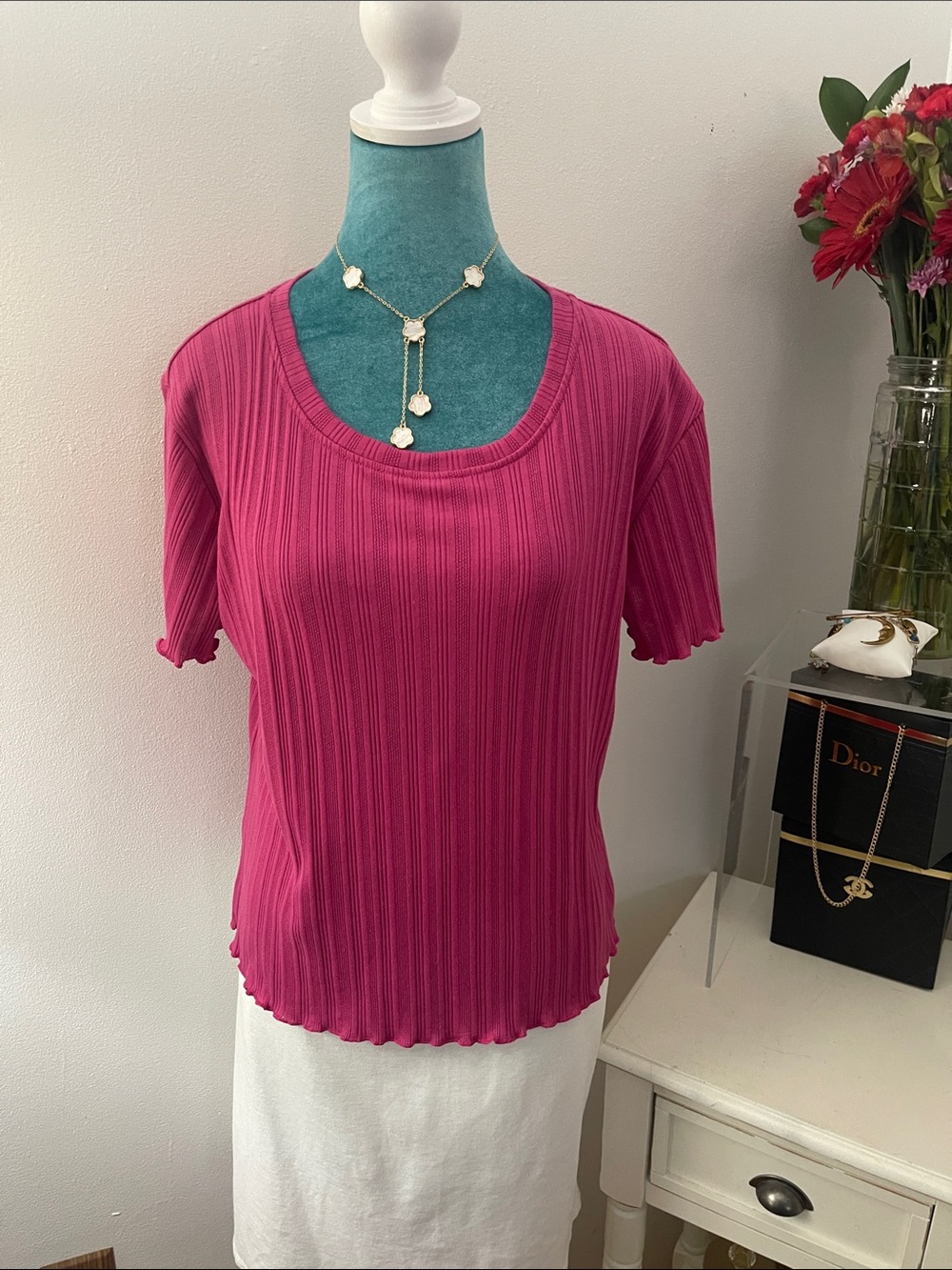 LA Relaxed Ribbed Short Sleeve Scoop Neck Fuchsia Pink Top